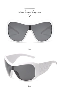 Front and side views of oversized white frame shield sunglasses with geometric patterns