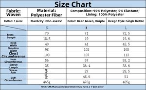Detailed size chart for V-neck blazer with fabric specs and measurements in CM