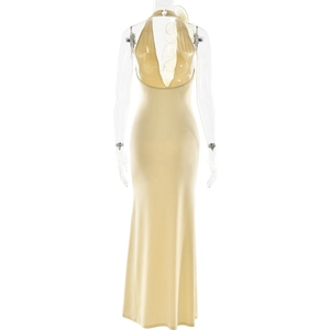 Vue arrière de la robe dos nu jaune avec détail de fleur 3D et coupe sexy ajustée