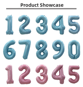 Detail showing 40-inch candy color number balloons in blue and pink for party decor