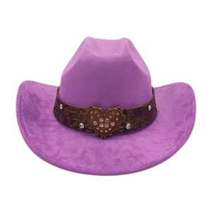 Detailed view of purple faux suede cowboy hat with vintage brown band and crystal heart buckle