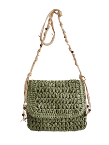 Handmade olive green woven straw crossbody bag with wooden beads for beach vacations