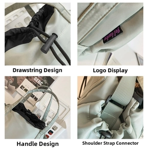 Detail view of mint green water-resistant bag with drawstring and fabric handle