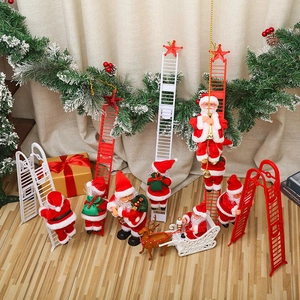 Electric climbing Santa Claus on red ladder with plush reindeer decor for Christmas setup