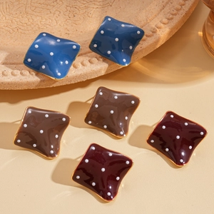 Vintage geometric square enamel stud earrings with white polka dots in multiple colors