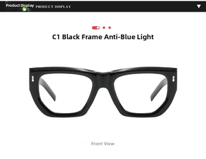 Front view of black anti-blue light glasses frame with vintage silver diamond rivets