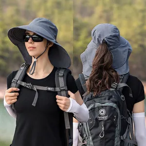 Women's dark grey wide brim sun hat with adjustable chin strap and ponytail hole