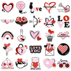 50 pieces of waterproof black and pink Valentine stickers with romantic doodle designs