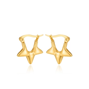 Symmetric view of hollow 18K gold-plated stainless steel star-shaped huggie earrings