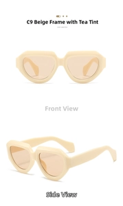Detail view of beige polygon sunglasses with tea lenses and wide temple design
