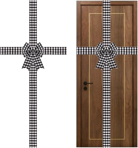 Detail showing classic black and white gingham cabinet ribbon with a large layered bow