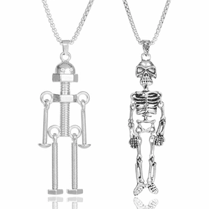 Silver retro skeleton and mechanical robot pendants on long metal chains for men