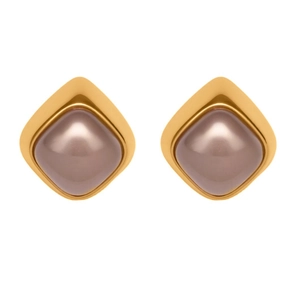 Irregular geometric stainless steel stud earrings with grey faux pearl and 18k gold plating