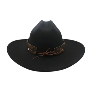 Detail of black wool felt fedora with embossed leather band and metallic studs decoration