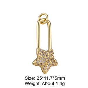 Macro shot of gold star-shaped safety pin pendant with purple zircons, size 25x11.7mm