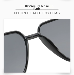 Detail of the integrated nose pads on black oversized trendy polygonal sunglasses