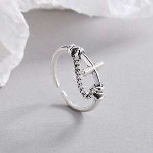 Retro S925 silver cross ring with chain link and adjustable open band design