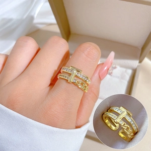 Elegant T-Shape Chain Link Double Layer Brass Ring Gold Plated Zircon Inlaid Adjustable Open Design For Women