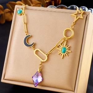 Collana In Acciaio Inossidabile Placcato Oro Multi Pendenti Cristallo Viola Turchese Luna Stella Sole Gioielli Donna