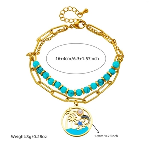 Bracelet double rang en acier inoxydable doré avec perles turquoise et pendentif océan