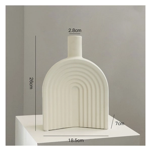 Detailed size view of a 26cm cream ceramic vase with vertical stripes and arch cutout