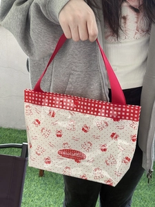 Waterproof PVC cherry dog tote bag featuring a cute red polka dot and cartoon pattern