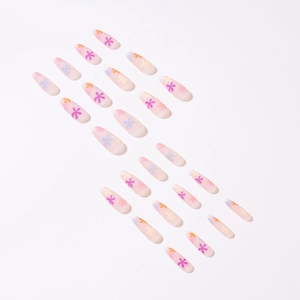 Matte pink coffin press-on nails with rainbow floral patterns on white background