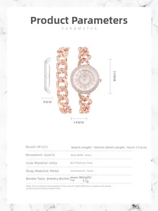 Detailed size chart of rose gold rhinestone watch with 30mm dial and jewelry clasp
