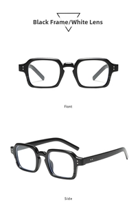 Detail of vintage square black frames showing robust hinges and clear flat lenses