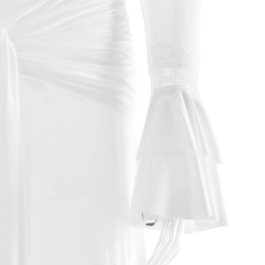 Close-up of white dress sleeve featuring delicate lace stitching and flared ruffle cuffs
