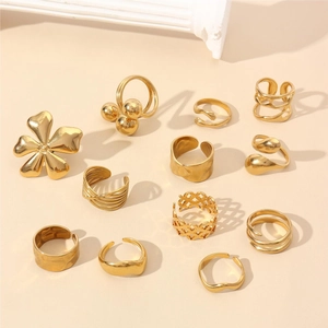 12pcs set of French style 18k gold plated petal and wave rings for women stackable design