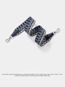 Adjustable blue-grey geometric woven strap with leather ends and silver metal hooks