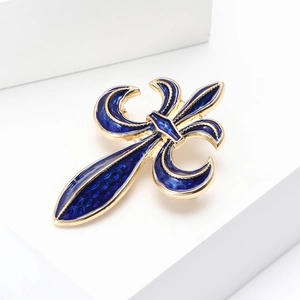 French court style vintage iris flower brooch in blue enamel and gold finish