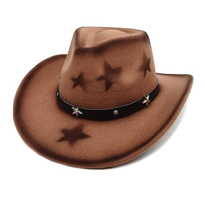 Detail of wool western cowboy hat featuring silver star rivets on a black leather band