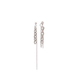 Silver asymmetric chain tassel earrings with minimalist industrial design elements