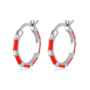 Detail of red enamel bamboo hoop earrings in S925 silver with sparkling zircon accents