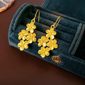 Detail of matte gold five-petal flower cluster earrings hanging on a blue velvet box