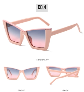 Detailed views of pink cat eye sunglasses with blue-to-pink gradient lenses