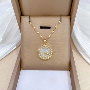 Elegant Clock Face Pendant Necklace For Women Luxury Mother Of Artificial Pearl Dial Stainless Steel Chain Gold Plated Zircon Inlaid