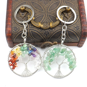 Natural gemstone tree of life keychain with colorful tumbled stones in silver wire wrap
