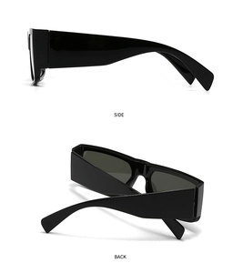 Detail view of black rectangular sunglasses showing side and back frame structure