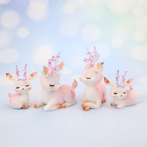 Detail of four pink deer ornaments with floral headbands and cherry blossom patterns