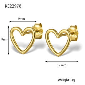 Minimalist S925 sterling silver hollow heart stud earrings in golden finish, size 9x9mm