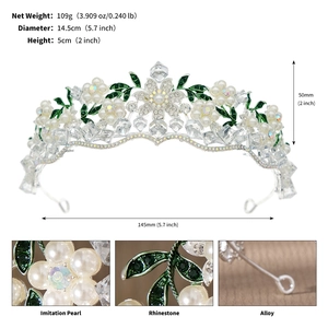 Detailed dimensions and material specifications for this pearl and rhinestone bridal crown