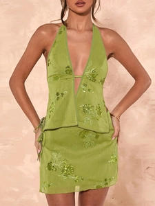 Women Sexy Halter Neck Backless Top And Floral Embroidery Sequin Mini Skirt Summer Beach Vacation Lime Green