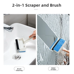 Close-up of 2-in-1 bathroom cleaning brush with sponge head and rubber squeegee