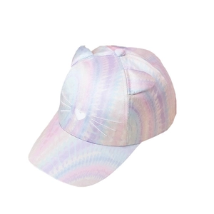 Kids baseball cap with laser colorful cat ears and macaron tie-dye pattern on white background