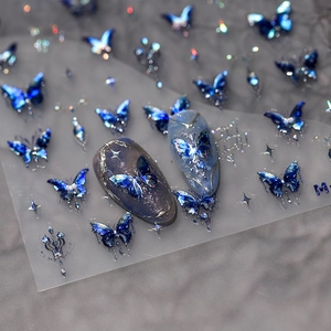 Stickers à ongles papillon bleu laser avec paillettes et design adhésif pour la manucure