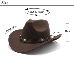 Brown wool felt cowboy hat with turquoise leather band detailing and size specifications