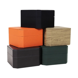 Octagonal PU leather watch boxes in assorted colors including green, orange, and wood grain